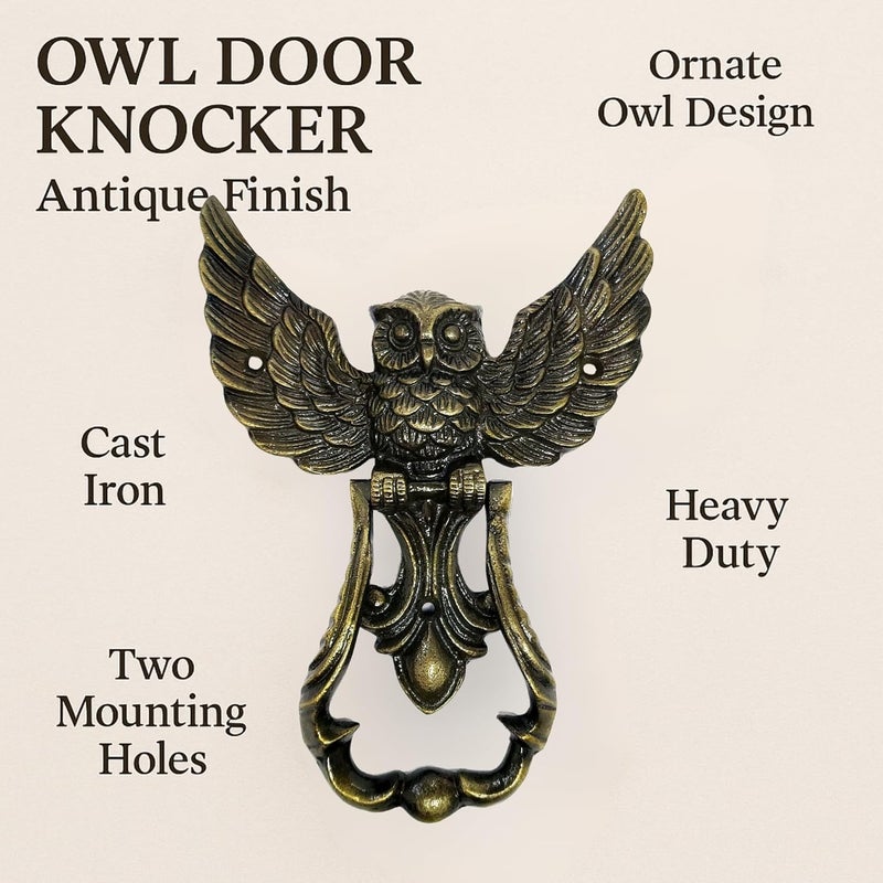 REPLICARTZUS Owl Door Knocker – Heavy Duty Iron Door Handle with Antique Finish, 5.5" x 8" Vintage Front Door Knocker for Garden, Wooden House, Farmhouse & Home Décor - Image 2